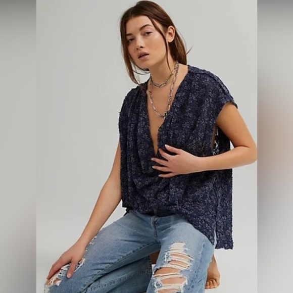 Free People Tops - Free People Blue Lace Boho Boxy Cow Neck Nlouse Top XS